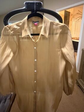Vince Camuto Sheer Button-Down Blouse in Gold Tan